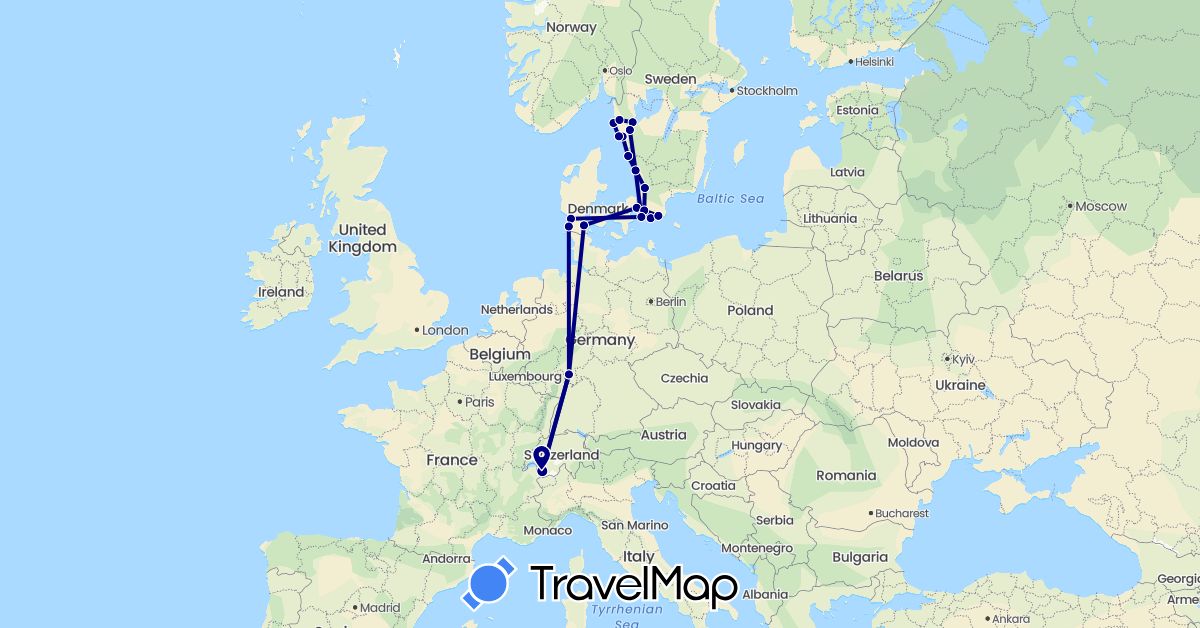 TravelMap itinerary: driving in Switzerland, Germany, Denmark, Sweden (Europe)
